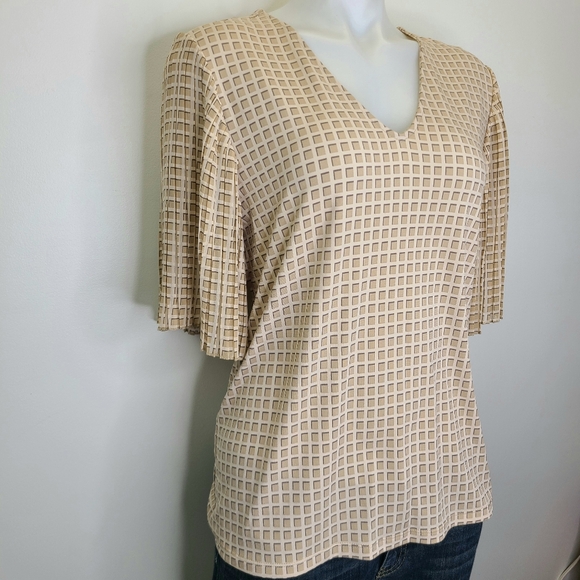 Calvin Klein Beige Checkered Square Print Accordion Pleated Sleeve Top Medium - Picture 3 of 12